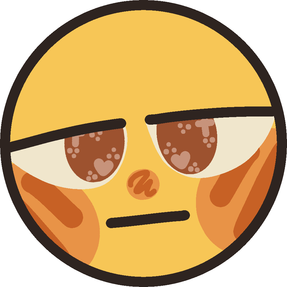 A yellow face with orange blush and sparkling brown eyes showing a blank, apathetic expression.